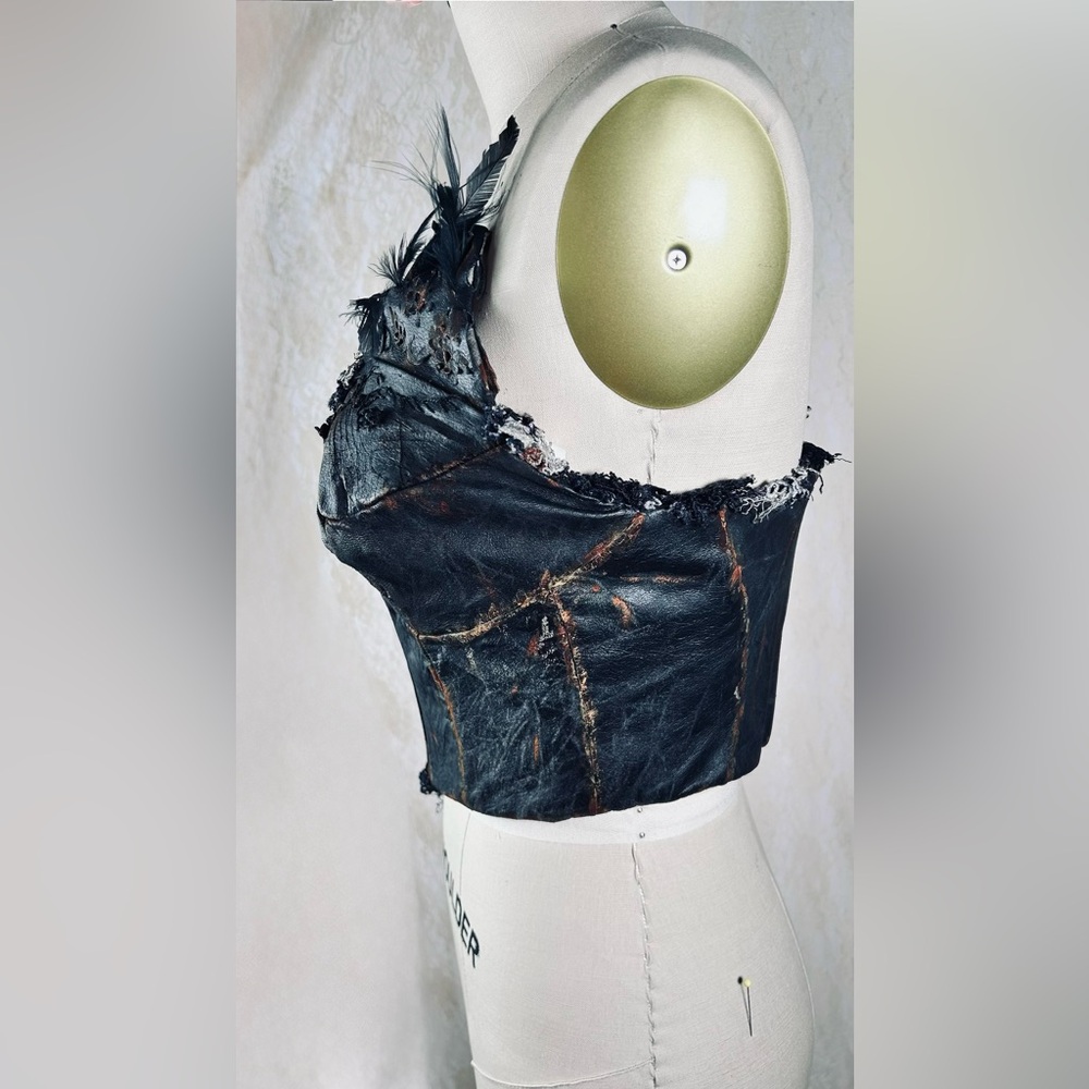 Designer Reconstructed distressed genuine leather corset bustier - Picture 2 of 9